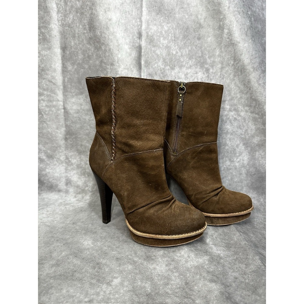 UGG Bianka Brown Suede Platform Mid-Calf Boots Braided Trim Shearling Lined Sz 8